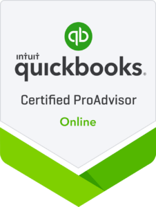 a white and green label with black text for QuickBooks Certified ProAdvisor Online Badge