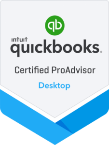 a white and blue label with black text for QuickBooks Certified ProAdvisor Desktop Badge